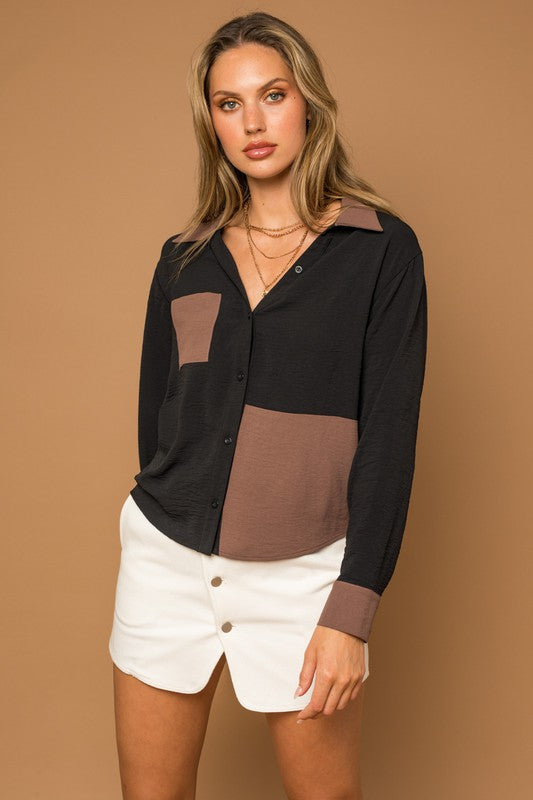 Chic Contrast Button-Down Long Sleeve Top