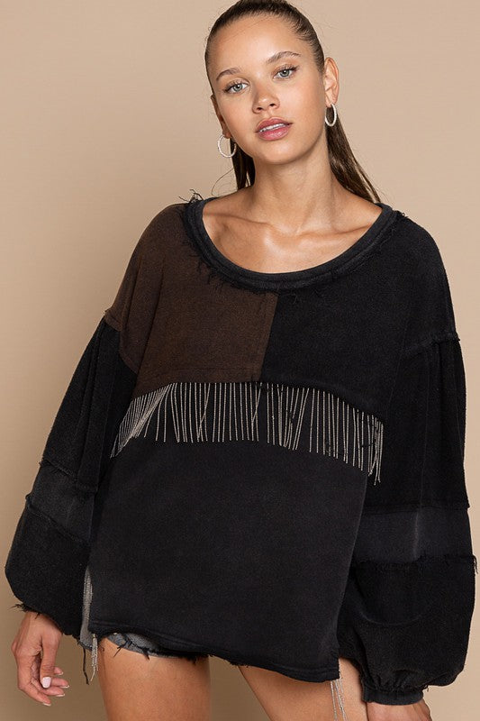 Shimmering Swirls French Terry Top with Metal Fringe