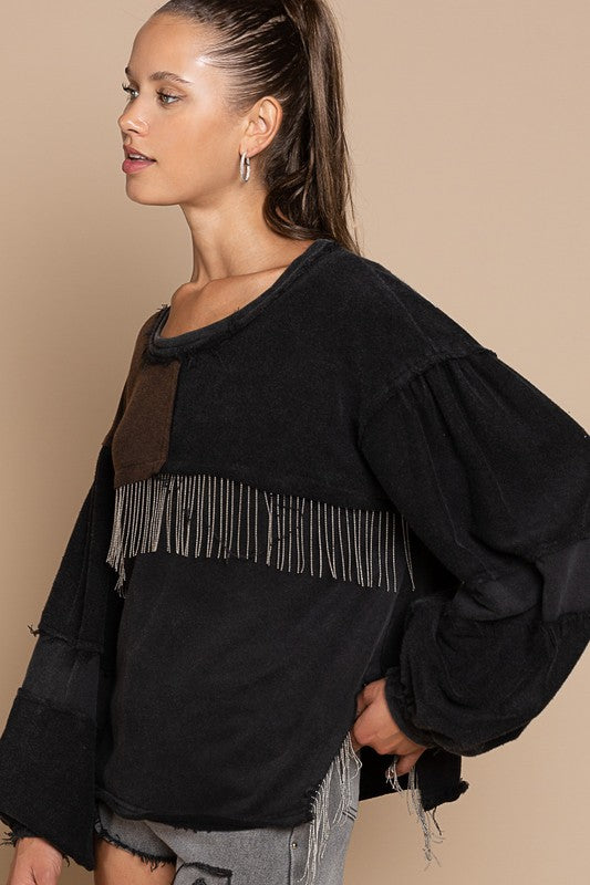 Shimmering Swirls French Terry Top with Metal Fringe