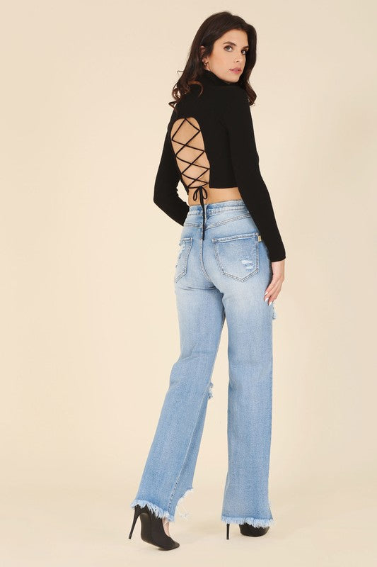 Lace-Up Elegance Mock Neck Top with Open Back