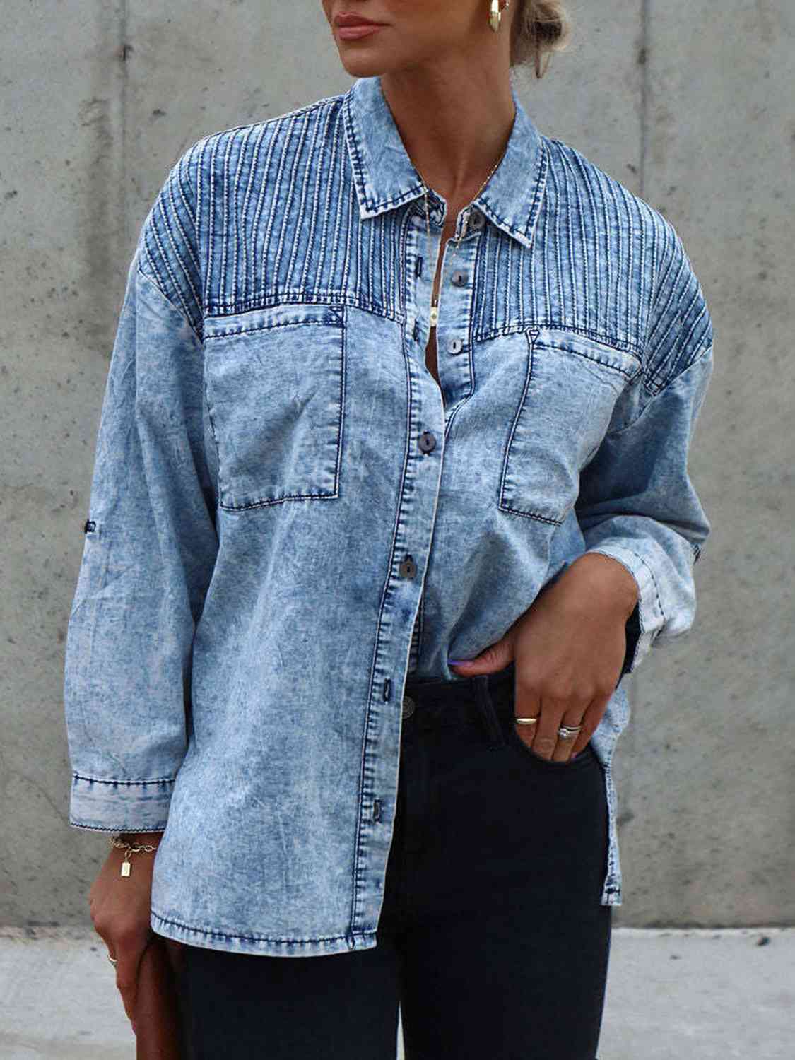 Denim Dreams Button Front Collared Shacket