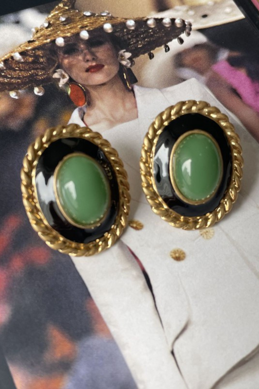 Retro Chic Green and Black Vintage Earrings