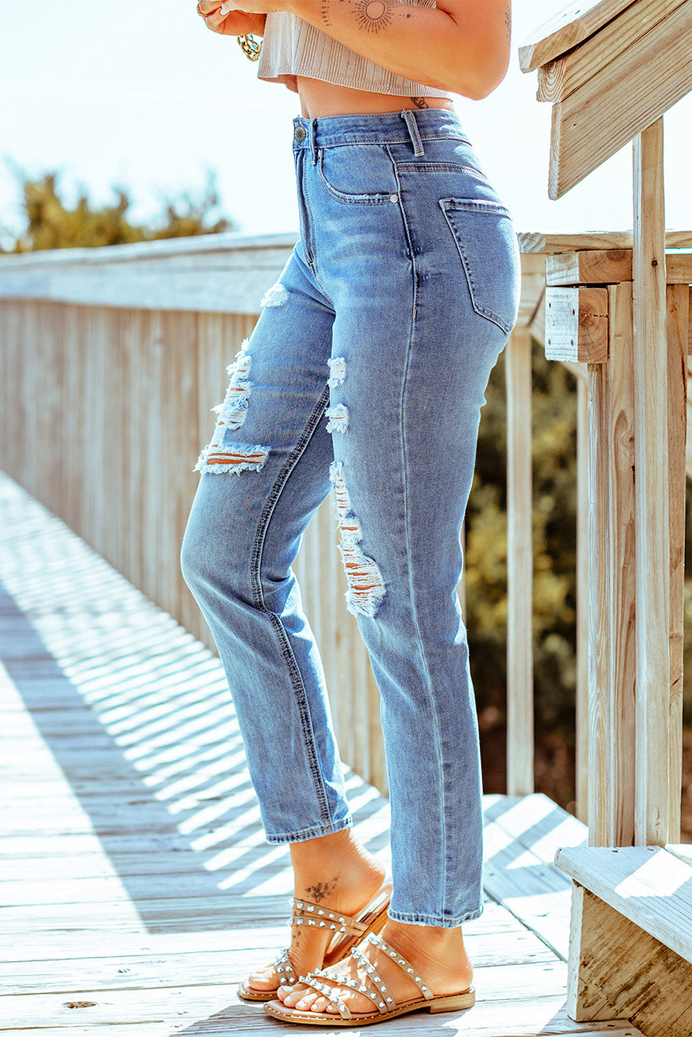 Distressed Ankle-Length Straight Leg Jeans