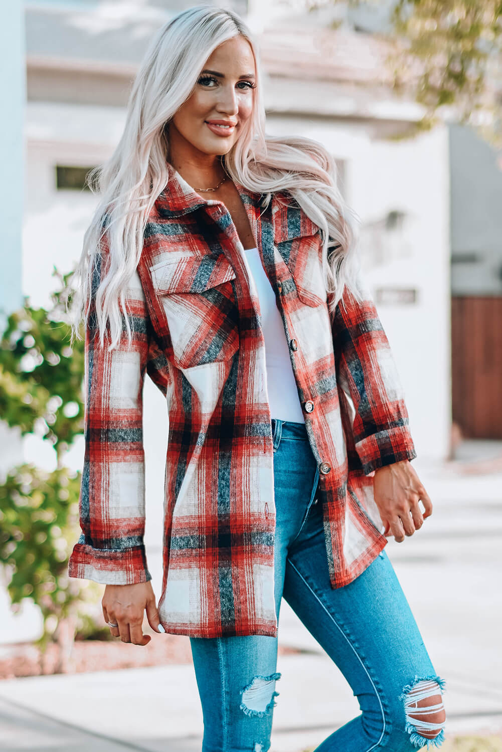 Plaid Button Up Shacket with Pockets