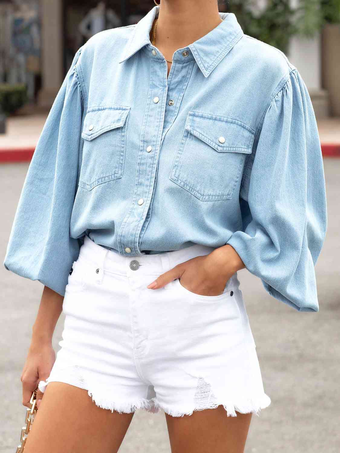 Puff Perfection Snap Down Denim Blouse