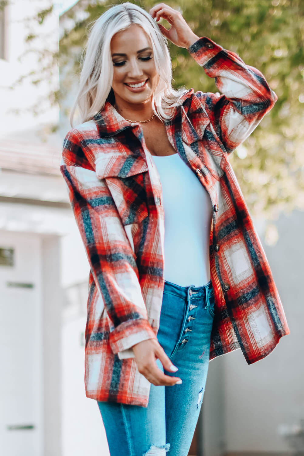 Plaid Button Up Shacket with Pockets