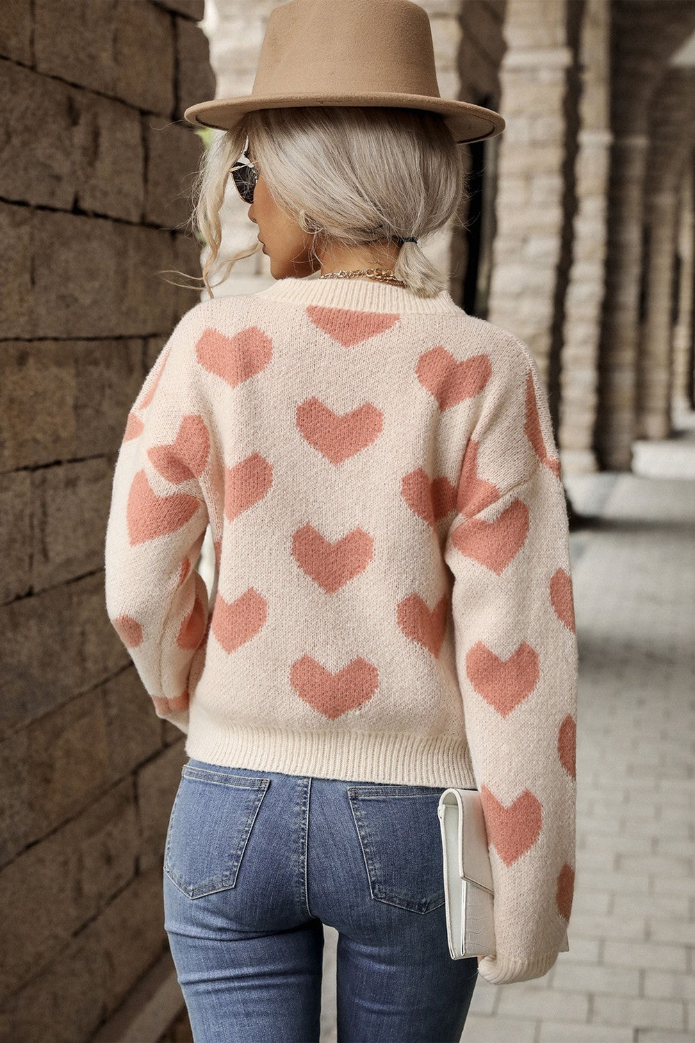Heart Pattern Dropped Shoulder Sweater