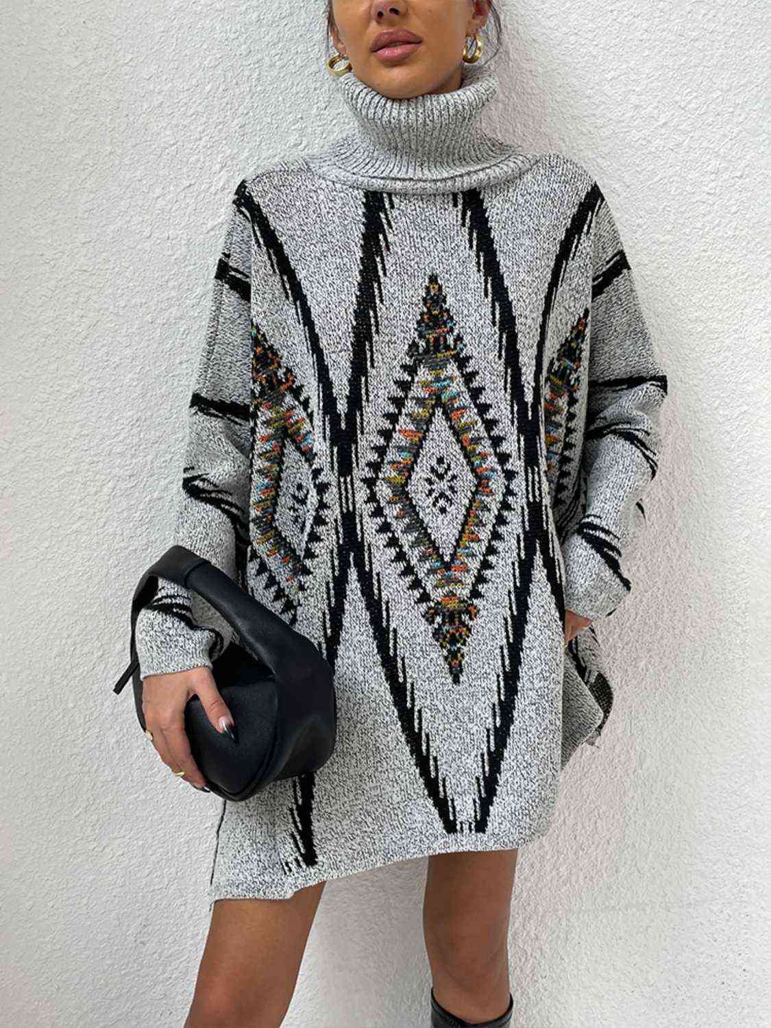 Geometric Elegance Turtleneck Slit Sweater