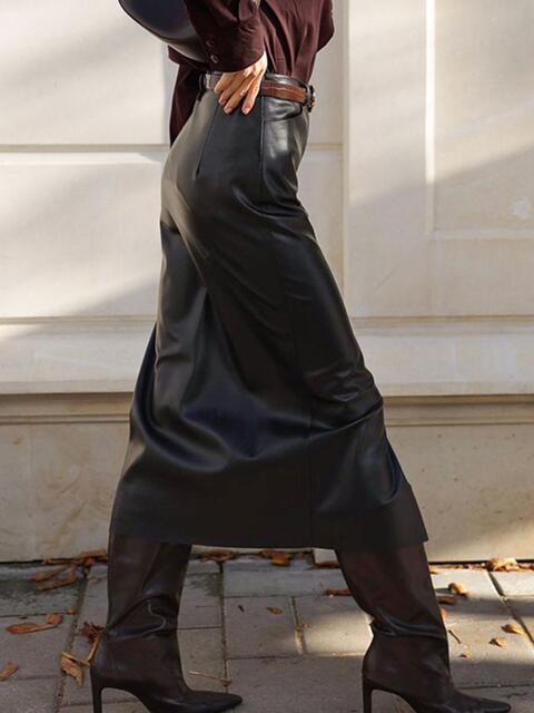 Faux Leather Temptation Slit Midi Skirt