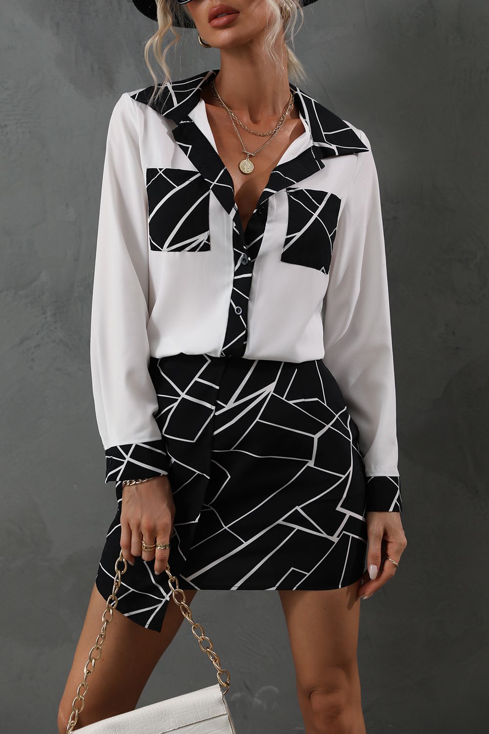 Chic Le Freak Print Collared Long Sleeve Blouse