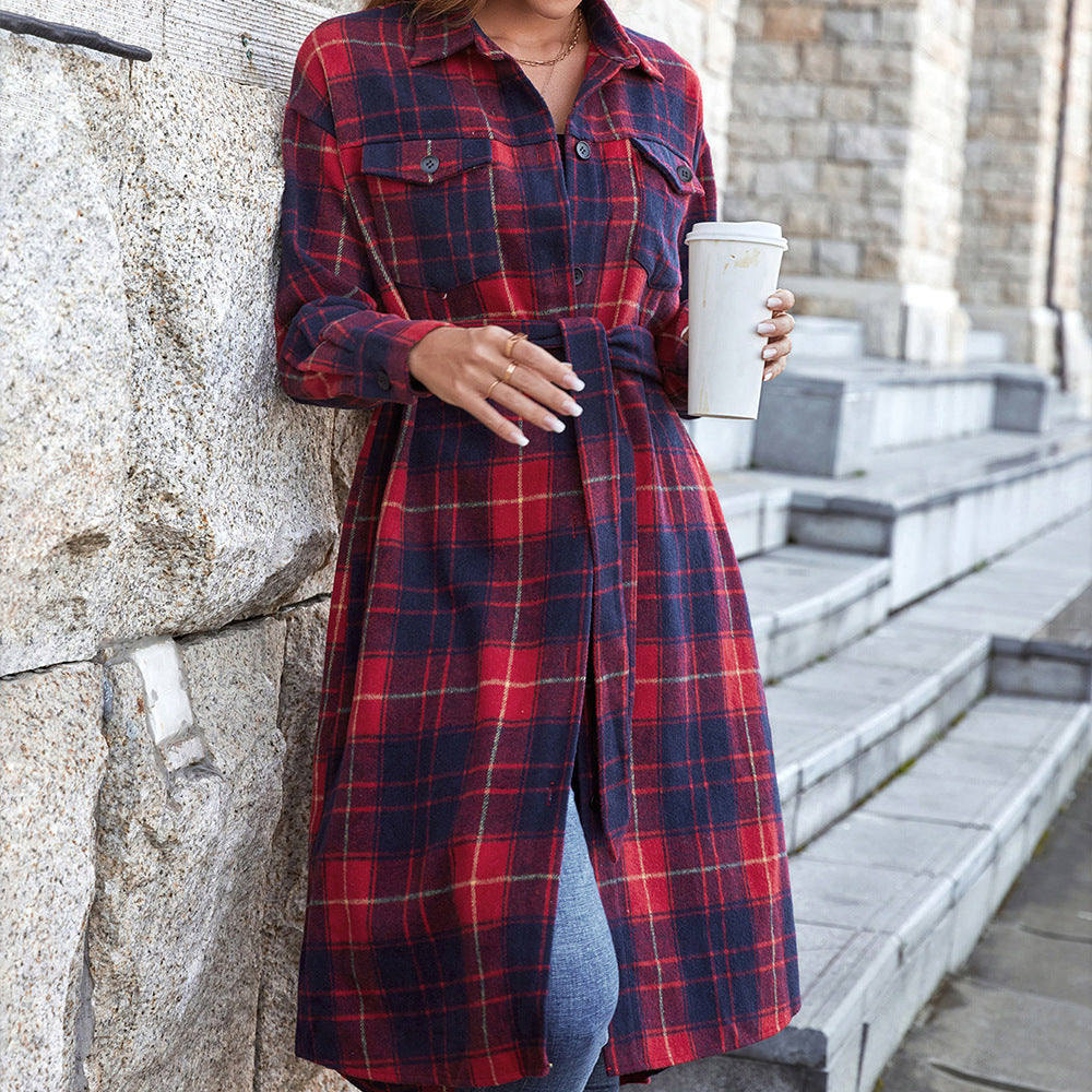 Plaid Belted Button Down Longline Shacket