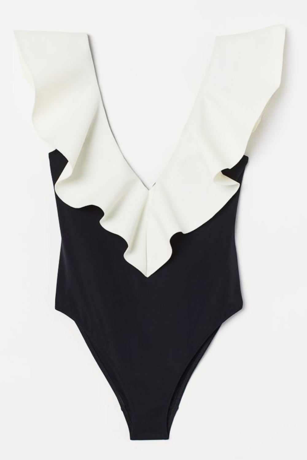 Two-Tone Ruffled Plunge One-Piece Swimsuit