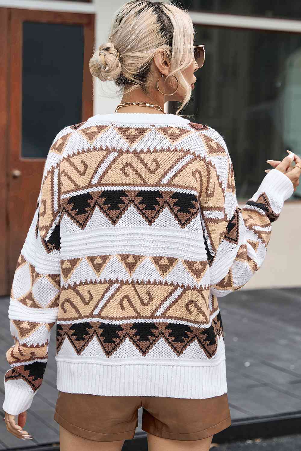 Geometric Chic Round Neck Sweater with Dropped Shoulders