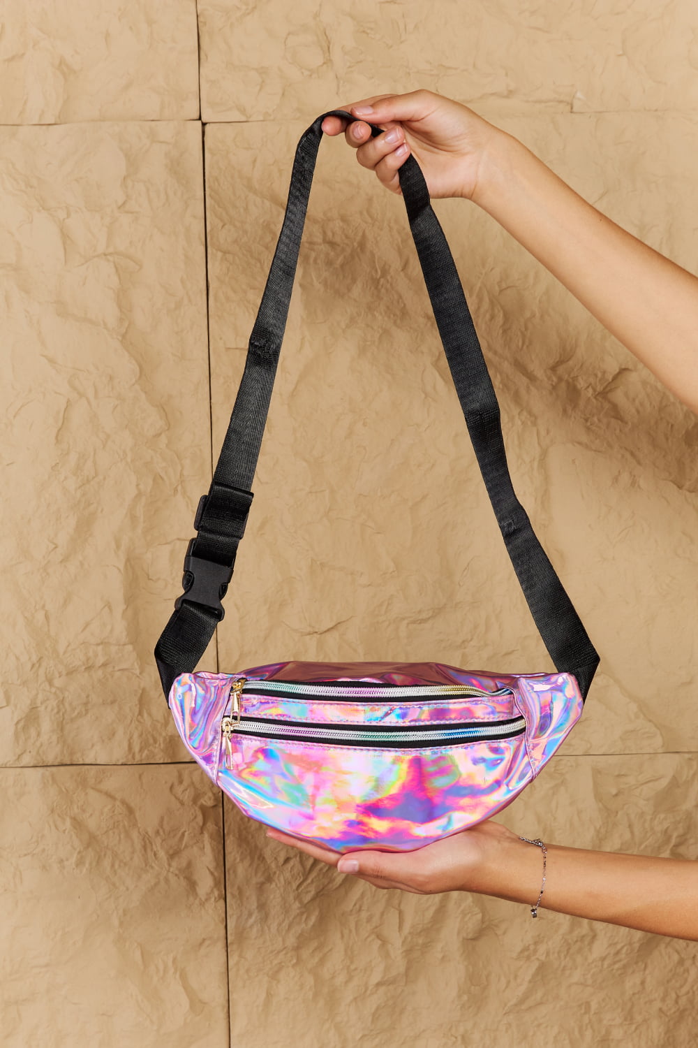 Good Vibrations Holographic Double Zipper Fanny Pack (HOT PINK)