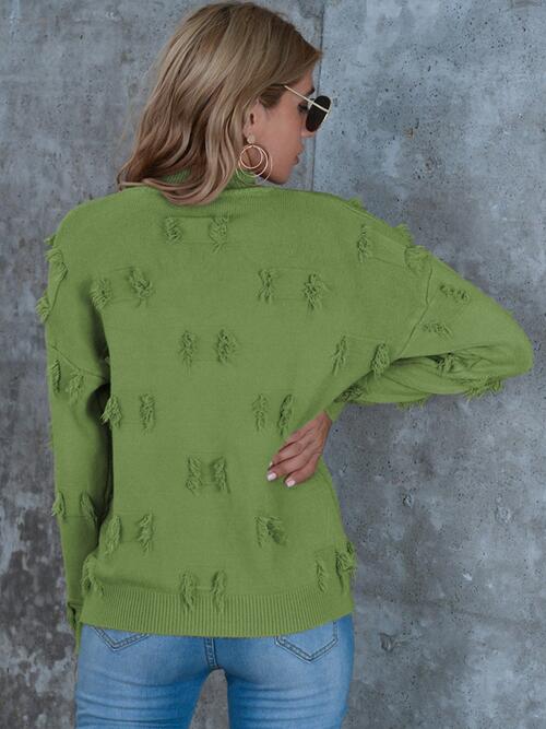 Fringe Detail Long Sleeve Mock Neck Sweater