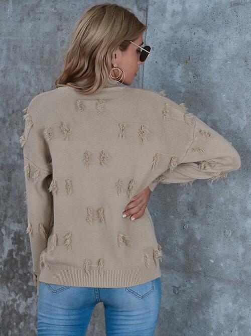 Fringe Detail Long Sleeve Mock Neck Sweater